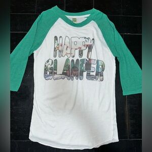 Size Small. Green and white happy glamour shirt.